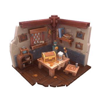 Cartoon isometric 3D corner scene with a treasure chest, wooden desk, books, and a window in warm lighting