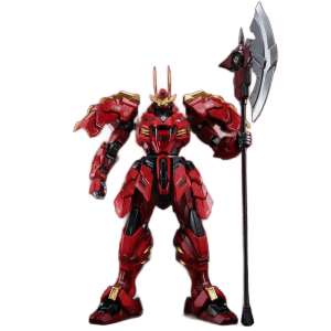 Red armored sci-fi mecha robot holding a large battle axe against a red gradient background